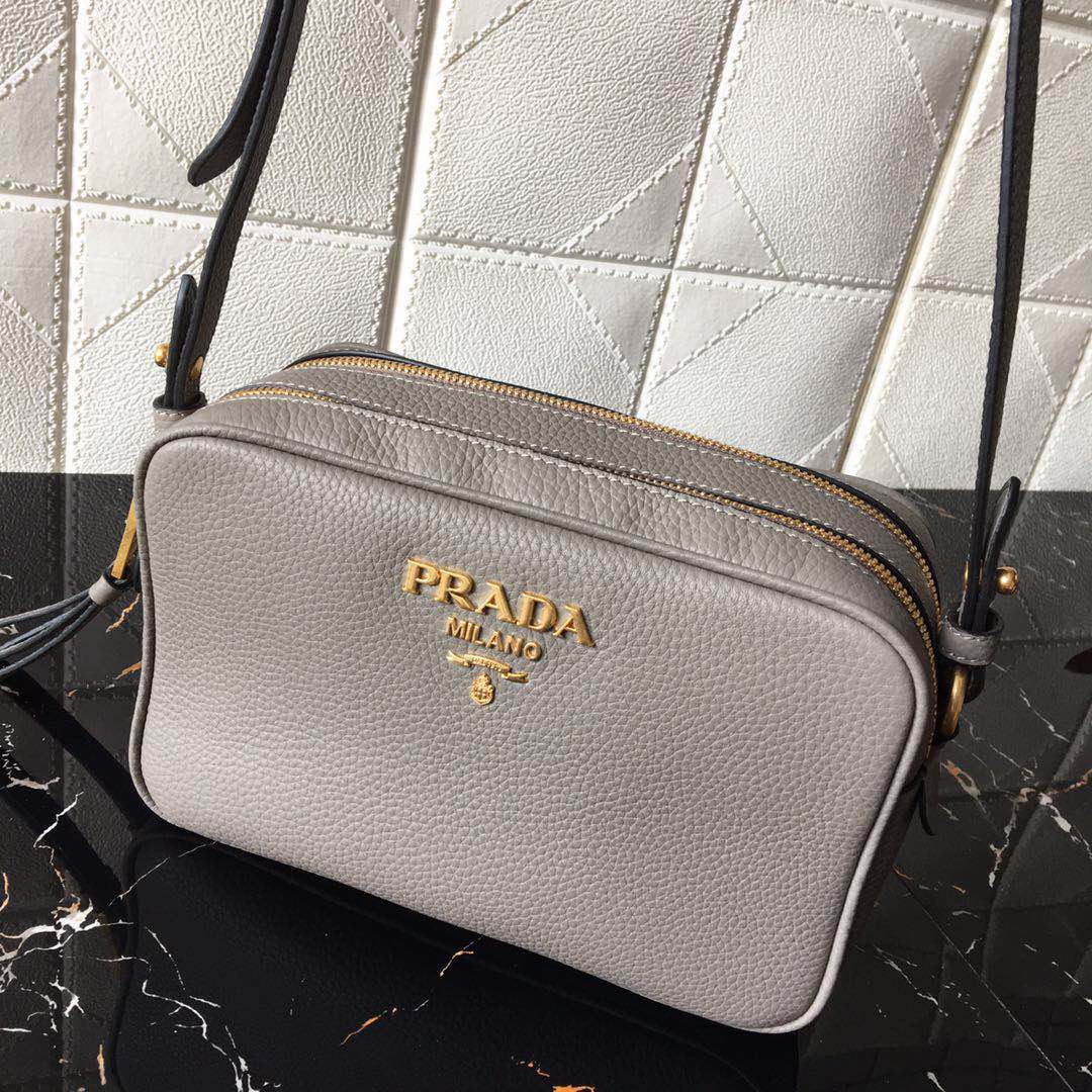 Prada Leather Shoulder Bag Handbag Tote Grey/Gold 1BH082